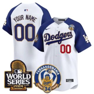 Custom Men's Dodgers Fernando Valenzuela & 2024 World Series Patch Vapor Premier Limited Jersey V3 All Stitched White Alternate