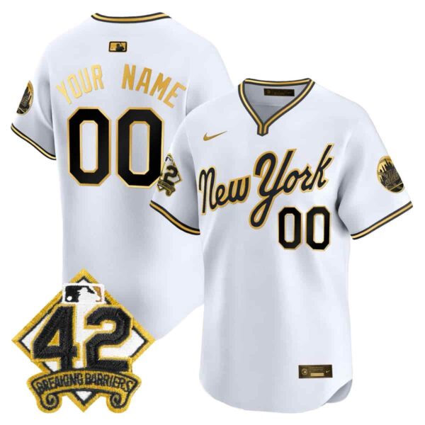 Custom Men's New York Mets 2025 Jackie Robinson Patch Road Alternate Jersey All Stitched White Gold
