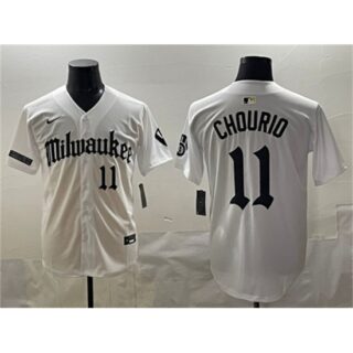 Men's Milwaukee Brewers #11 Jackson Chourio White 'Gothic 414 Shadows Edition' Vapor Premier Limited Stitched Jersey