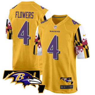 Men's Baltimore Ravens #4 Zay Flowers Gold 2025 Maryland Flag Vapor Limited Football Game Jersey