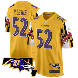 Men's Baltimore Ravens #52 Ray Lewis Gold 2025 Maryland Flag Vapor Limited Football Game Jersey