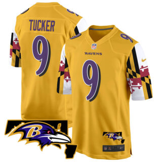 Men's Baltimore Ravens #9 Justin Tucker Gold 2025 Maryland Flag Vapor Limited Football Game Jersey