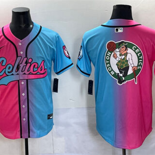 Men's Boston Celtics Team Big Logo Pink Blue Limited Stitched Baseball Jersey