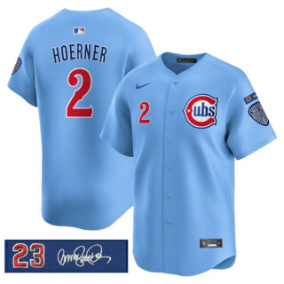 Men's Chicago Cubs #2 Nico Hoerner Blue 'Ryne Sandberg Tribute' Vapor Limited V3 Stitched Baseball Jersey