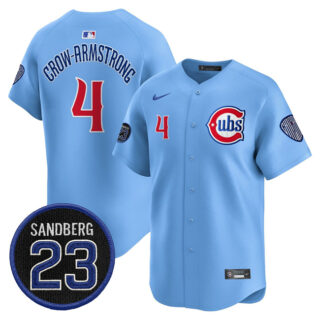 Men's Chicago Cubs #4 Pete Crow-Armstrong Blue 'Ryne Sandberg Tribute' Vapor Limited V2 Stitched Baseball Jersey