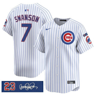 Men's Chicago Cubs #7 Dansby Swanson White Pinstripe 'Ryne Sandberg Tribute' Vapor Limited V3 Stitched Baseball Jersey