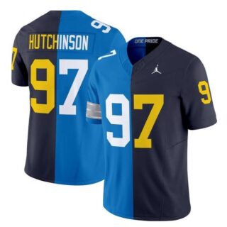 Men's Detroit Lions X Wolverines #97 Aidan Hutchinson Blue Navy Split F.U.S.E. Vapor Limited Stitched Jersey