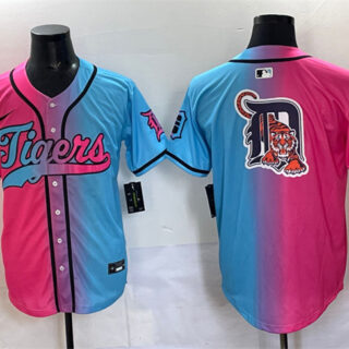 Men's Detroit Tigers Team Big Logo Pink Blue Limited Stitched Baseball Jersey