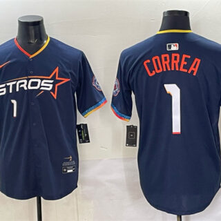 Men's Houston Astros #1 Carlos Correa Navy 2025 City Connect With Texas Patch Limited Stitched Baseball Jersey