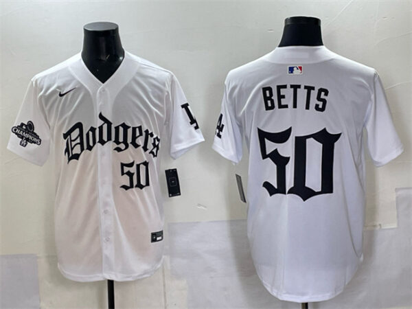 Men's Los Angeles Dodgers #50 Mookie Betts White 2025 LA Gothic Style With 2024 World Series Champions Patch Vapor Premier Limited Stitched Baseball Jersey