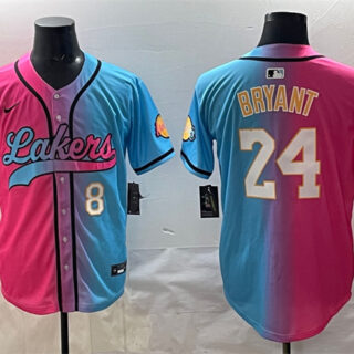 Men's Los Angeles Lakers Front #8 Back #24 Kobe Bryant Pink Blue Limited Stitched Baseball Jersey