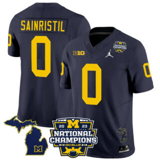 Men's Michigan Wolverines #0 Mike Sainristil Navy F.U.S.E. 2023 National Champions Vapor Map Stitched Football Jersey