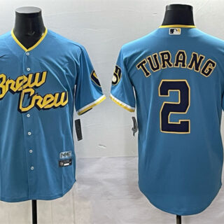 Men's Milwaukee Brewers #2 Brice Turang Powder Blue City Connect Cool Base Stitched Jersey