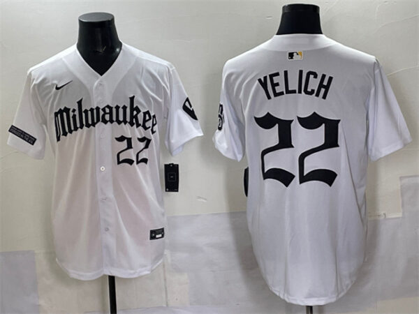 Men's Milwaukee Brewers #22 Christian Yelich White 'Gothic 414 Shadows Edition' Vapor Premier Limited Stitched Jersey