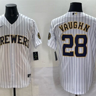 Men's Milwaukee Brewers #28 Andrew Vaughn White Pinstripe 2025 With Patch Stitched Baseball Jersey