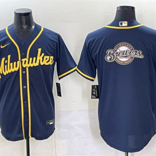 Men's Milwaukee Brewers Team Big Logo Navy 2025 With Patch Stitched Baseball Jersey