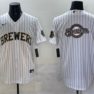 Men's Milwaukee Brewers Team Big Logo White Pinstripe 2025 With Patch Stitched Baseball Jersey