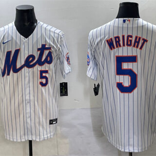 Men's New York Mets #5 David Wright White With Patch Stitched Baseball Jersey