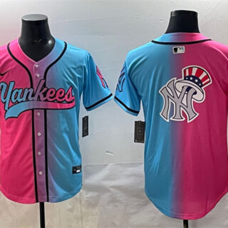 Men's New York Yankees Team Big Logo Pink Blue Limited Stitched Baseball Jersey