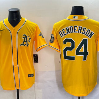 Men's Oakland Athletics #24 Rickey Henderson Yellow With Patch Stitched Baseball Jersey
