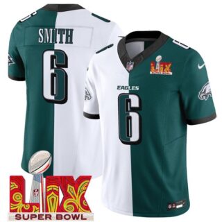 Men's Philadelphia Eagles #6 DeVonta Smith White Green Split 2025 Super Bowl LIX Patch F.U.S.E. Vapor Untouchable Limited Stitched Football Jersey
