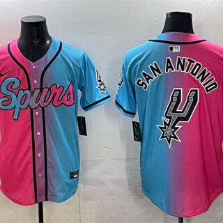 Men's San Antonio Spurs Team Big Logo Pink Blue Limited Stitched Baseball Jersey