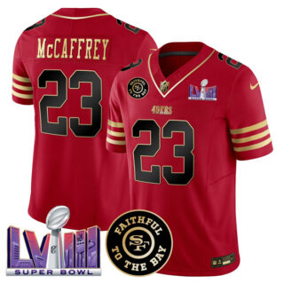 Men's San Francisco 49ers #23 Christian Mccaffrey Red 2025 F.U.S.E. Faithful & Super Bowl LVIII Patch Vapor Limited Stitched Football Jersey