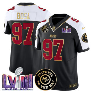 Men's San Francisco 49ers #97 Nick Bosa Black Alternate 2025 F.U.S.E. Faithful & Super Bowl LVIII Patch Vapor Limited Stitched Football Jersey