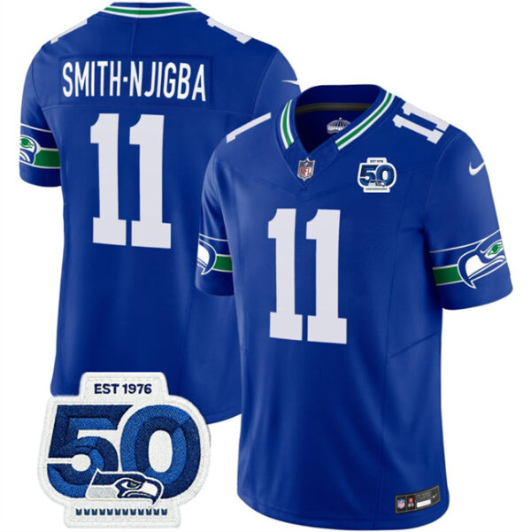 Men's Seattle Seahawks #11 Jaxon Smith-Njigba Royal 2025 F.U.S.E 50th Anniversary Patch Throwback Vapor Limited Stitched Football Jersey
