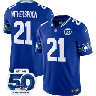 Men's Seattle Seahawks #21 Devon Witherspoon Royal 2025 F.U.S.E 50th Anniversary Patch Throwback Vapor Limited Stitched Football Jersey