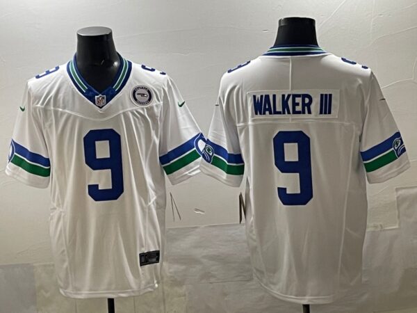 Men's Seattle Seahawks #9 Kenneth Walker III White F.U.S.E Throwback Vapor Limited Stitched Football Jersey