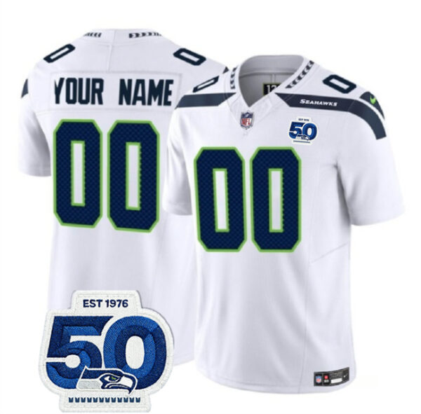 Men's Seattle Seahawks Active Player Custom White 2025 F.U.S.E. 50th Anniversary Patch Vapor Untouchable Limited Stitched Football Jersey