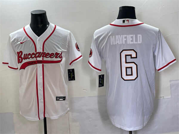 Men's Tampa Bay Buccaneers #6 Baker Mayfield White Cool Base Stitched Baseball Jersey