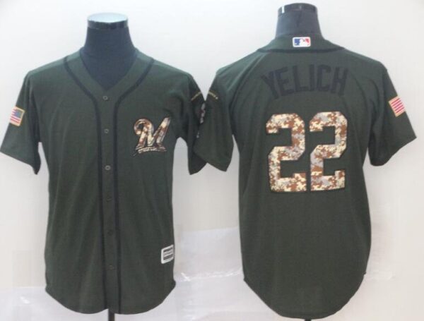 Men's Milwaukee Brewers #22 Christian Yelich Salute To Service Jersey Green