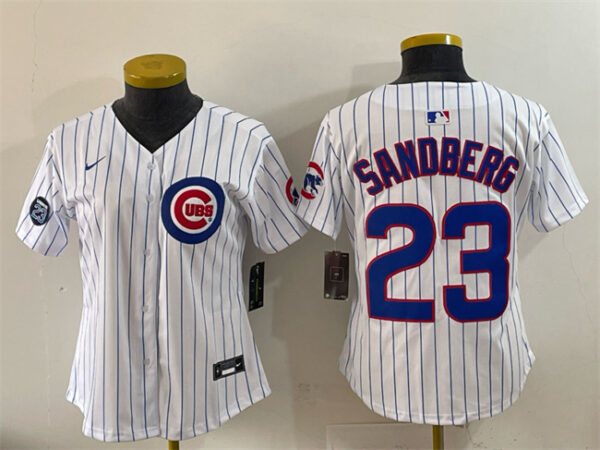 Women's Chicago Cubs #23 Ryne Sandberg White Pinstripe 'Ryne Sandberg Tribute' Vapor Limited V2 Stitched Baseball Jersey(Run Small)