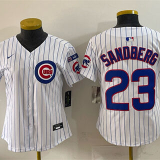 Women's Chicago Cubs #23 Ryne Sandberg White Pinstripe 'Ryne Sandberg Tribute' Vapor Limited V3 Stitched Baseball Jersey(Run Small)