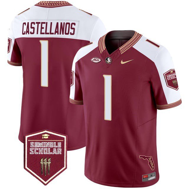 Thomas Castellanos Jersey #1 Florida State Seminoles 2025 Seminole Scholar Patch Garnet Alternate