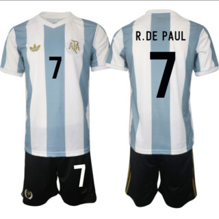 Men's Argentina #7 Rodrigo Javier De Paul White Blue 2024-25 50th Anniversary Home Soccer Jersey Suit