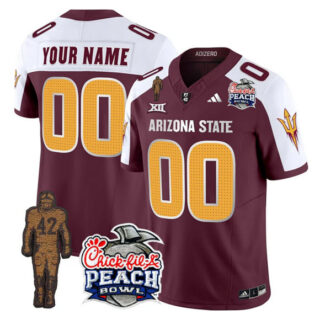 Men's Arizona State Sun Devils Active Player Custom Maroon White 2025 F.U.S.E. Pat Tillman & Peach Bowl Patch Vapor Limited Stitched Jersey