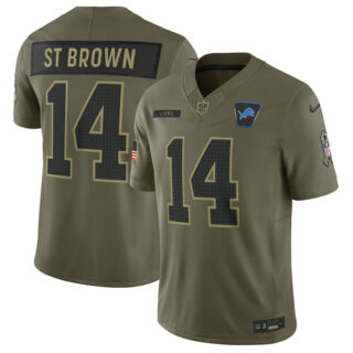 Men's Detroit Lions #14 Amon-Ra St. Brown Olive 2025 Salute to Service Limited Stitched Football Jersey