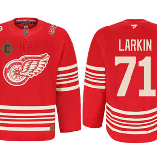 Men's Detroit Red Wings #71 Dylan Larkin Red 2025 Centennial Premium With 100 and P Patch And C Patch Stitched Hockey Jersey