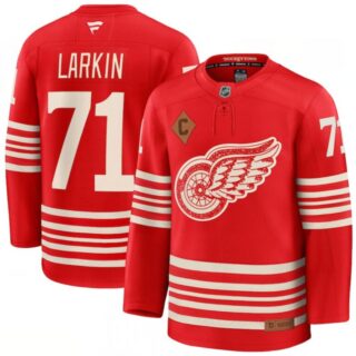 Men's Detroit Red Wings #71 Dylan Larkin Red 2025 With C Patch Centennial Premium Stitched Hockey Jersey