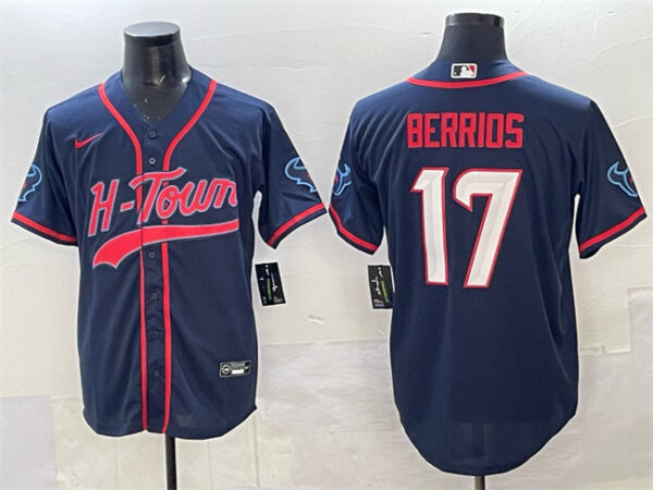 Men's Houston Texans #17 Braxton Berrios Navy With Patch Cool Base Stitched Baseball Jersey