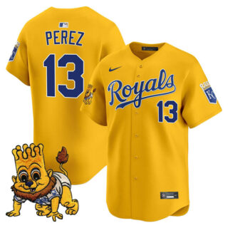 Men's Kansas City Royals #13 Salvador Perez Gold Sluggerrr Patch Vapor Limited Stitched Baseball Jersey