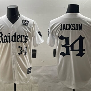 Men's Las Vegas Raiders #34 Bo Jackson White 'Gothic Sin City Shadows Edition' With 65th Anniversary Patch Vapor Limited Stitched Baseball Jersey