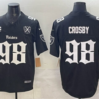 Men's Las Vegas Raiders #98 Maxx Crosby Black F.U.S.E. Gothic Sin City Shadows Edition With 65th Anniversary 3-Star C Patch Vapor Untouchable Limited Stitched Football Jersey