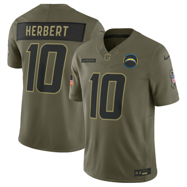 Men's Los Angeles Chargers #10 Justin Herbert Olive 2025 Salute to Service Limited Stitched Football Jersey