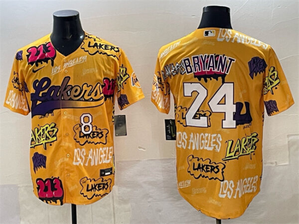 Men's Los Angeles Lakers Front #8 Back #24 Kobe Bryant Yellow Limited Stitched Baseball Jersey