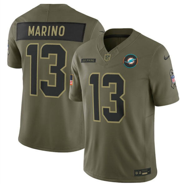 Men's Miami Dolphins #13 Dan Marino Olive 2025 Salute to Service Limited Stitched Football Jersey