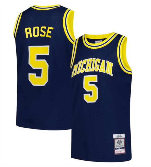 Men's Michigan Wolverines #5 Jalen Rose Navy 1991 92 Stitched Basketball Jersey